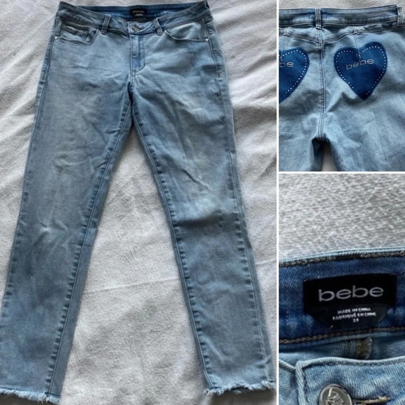 bebe Denim - Bebe Heartbreaker Women's Skinny Jeans Light Wash Blue Heart Rhinestone Size 30